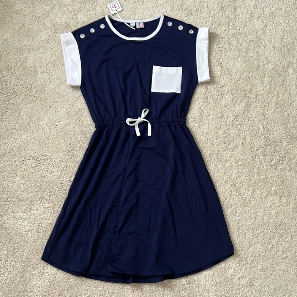 Miss b (Busy Bees brand) navy & white cotton drawstring dress. Kids size 14.